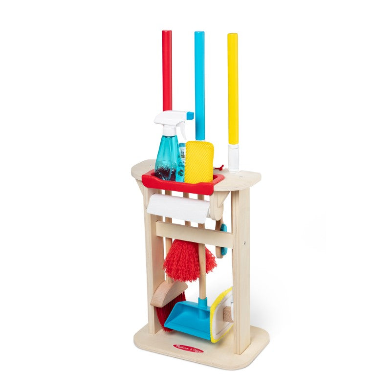 Deluxe Sparkle & Shine Cleaning Play Set with wooden tools for imaginative chore play, promoting responsibility and organization.