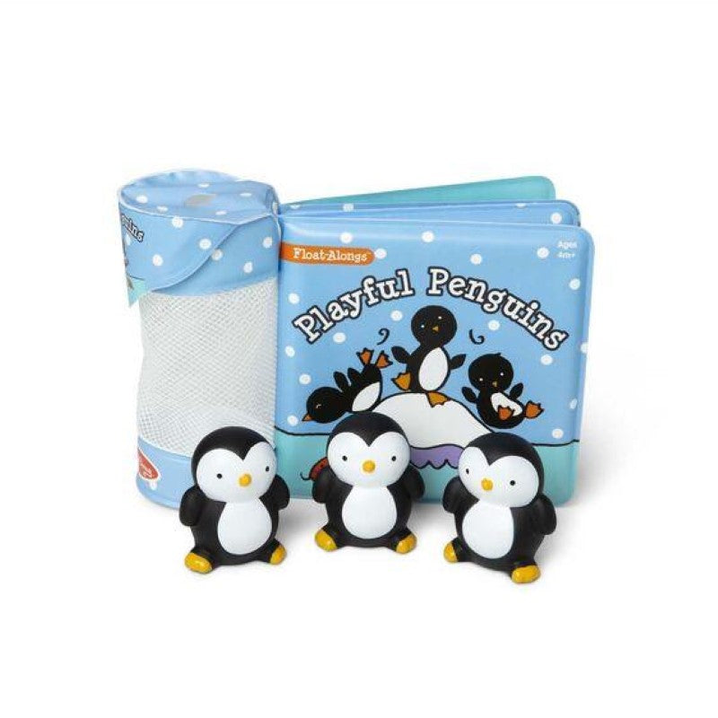 Interactive bath book featuring 3 floating penguin toys, soft waterproof pages, perfect for ages 4 months to 2 years.