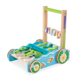 Vibrant wooden toddler walker featuring chompable alligators, easy-grip handle, non-skid wheels, and colorful beads for skill development.