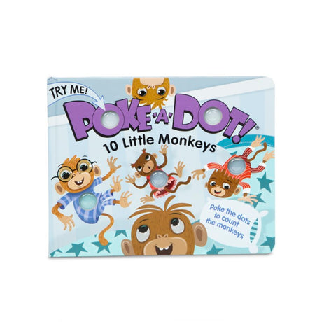 Interactive board book featuring bright dots and playful monkeys, promoting counting and fine motor skills in toddlers.