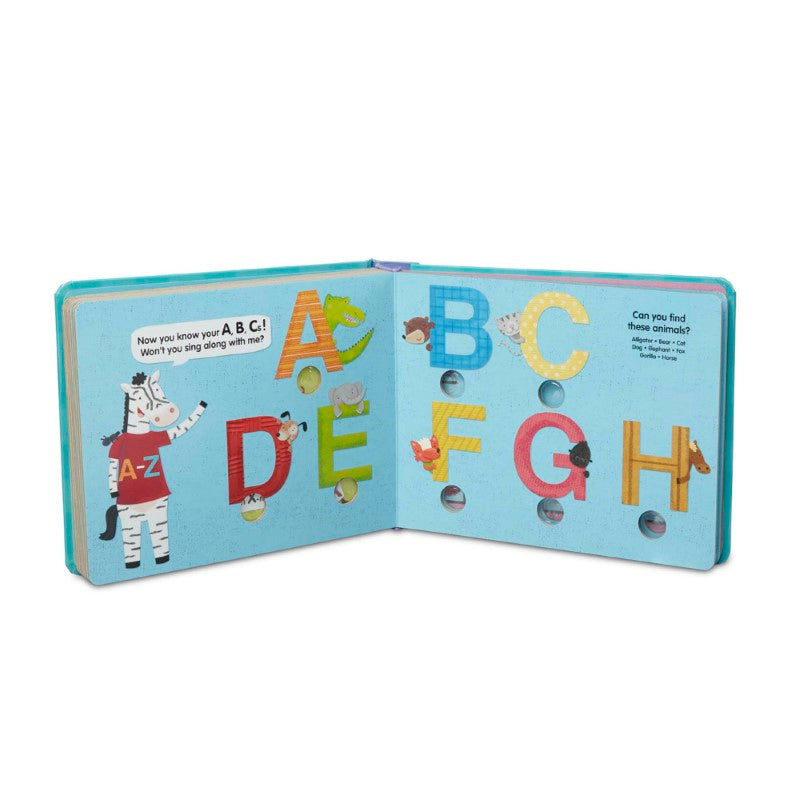 Interactive board book with pop-a-dot buttons for learning ABCs, counting, and fine motor skills in toddlers.