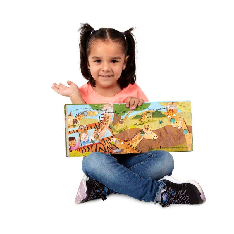 Interactive board book featuring vibrant pages, click-to-count buttons, and safari animals, promoting learning through play.