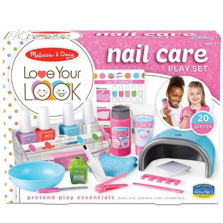 Colorful nail care play set featuring realistic tools, mess-free polish bottles, and a pretend dryer for imaginative fun.