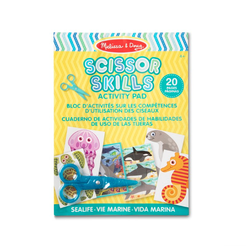 Ocean-themed scissor skills activity pad with 20 projects for kids to enhance creativity and fine motor skills using safety scissors.