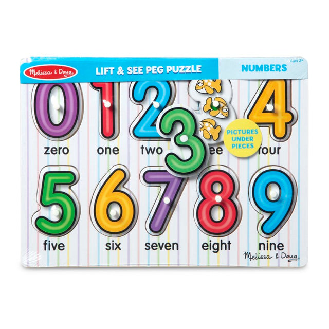 Colorful 10-piece peg puzzle teaching number recognition with illustrations for each numeral, perfect for early math skills.