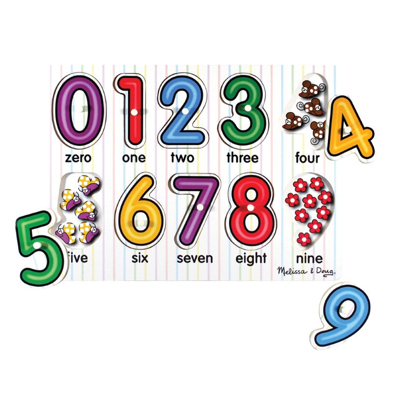 Colorful 10-piece peg puzzle featuring numbers 0-9 with illustrations aiding counting and number recognition skills for kids.