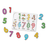 Colorful 10-piece peg puzzle teaching number concepts 0-9, featuring engaging illustrations for early math skills development.