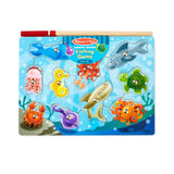 Colorful wooden fishing puzzle game by Melissa & Doug for kids, featuring a magnetic pole and 10 vibrant aquatic animals.