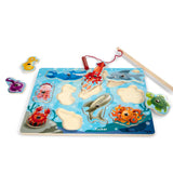 Colorful wooden fishing puzzle game featuring a magnetic pole to catch vibrant aquatic animals, promoting fine motor skills.