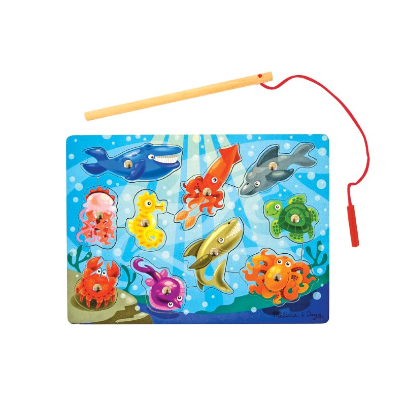 Colorful magnetic fishing puzzle game by Melissa & Doug, featuring vibrant sea creatures and promoting fine motor skills for ages 3+.