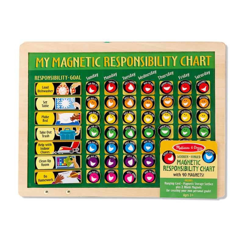 Colorful interactive responsibility chart with 90 magnets for tracking and rewarding positive behaviors in children.