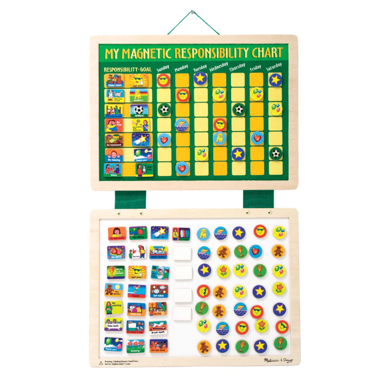 Colorful interactive responsibility chart with magnets to reward children's positive behavior and track achievements.