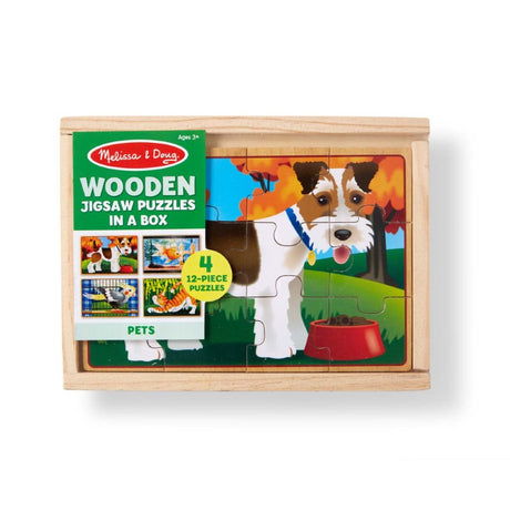 Wooden puzzle set featuring a fish, dog, cat, and bird, with 12 shape-coded pieces each, stored in a box with a sliding lid.