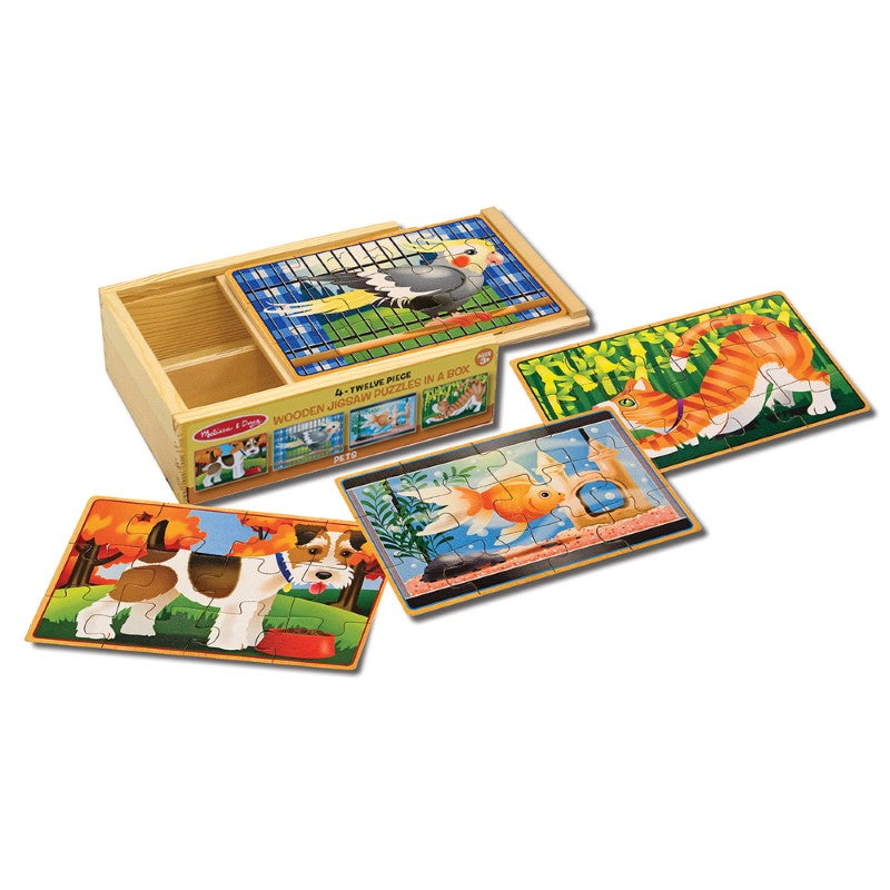 Wooden pet jigsaw puzzle set featuring a fish, dog, cat, and bird, housed in a sturdy box with a slide-on lid for easy play.