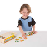 Wooden jigsaw puzzle set with four pets: fish, dog, cat, and bird, enhancing motor skills and problem-solving for kids.