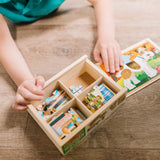 Wooden pet jigsaw puzzles in a sturdy box, including a fish, dog, cat, and bird—ideal for kids’ fine motor skills and fun.