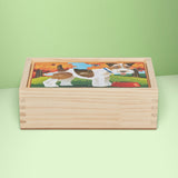 Wooden pet-themed puzzles featuring fish, dog, cat, and bird, in a sturdy box with slide-on lid for easy play. Perfect for kids!