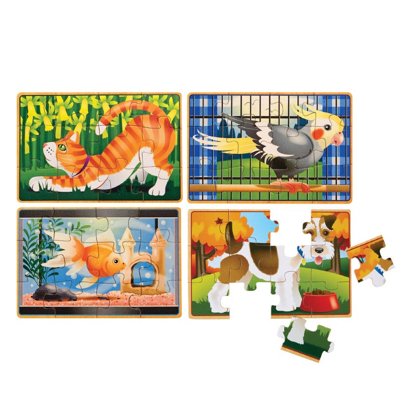 Colorful wooden jigsaw puzzles of a fish, dog, cat, and bird in a sturdy box, designed to enhance fine motor skills for kids 3+.