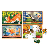 Colorful wooden jigsaw puzzles of a fish, dog, cat, and bird in a sturdy box, designed to enhance fine motor skills for kids 3+.