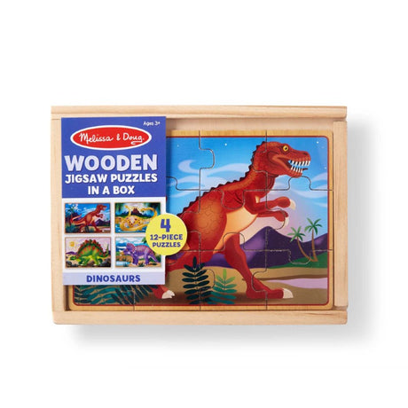 Colorful wooden dinosaur puzzles in a sturdy box, featuring Triceratops, Apatosaurus, Stegosaurus, and T-Rex for ages 3+.