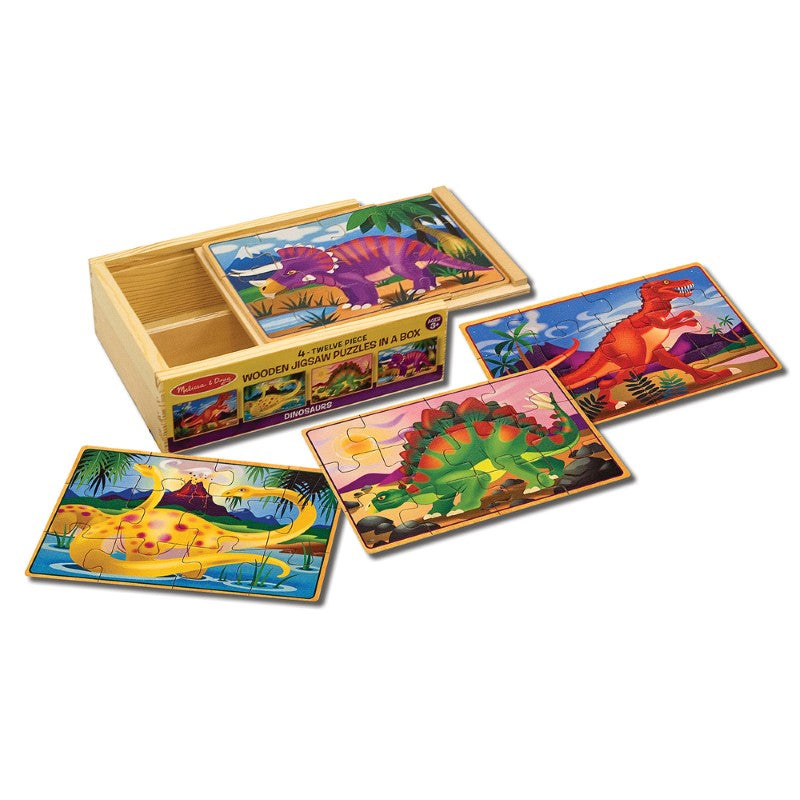 Wooden dinosaur puzzle set featuring a Triceratops, Apatosaurus, Stegosaurus, and T-Rex for kids aged 3 and up.