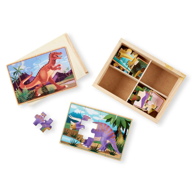 Colorful wooden dinosaur puzzles in a box, featuring a Triceratops, Apatosaurus, Stegosaurus, and T-Rex for kids aged 3+.