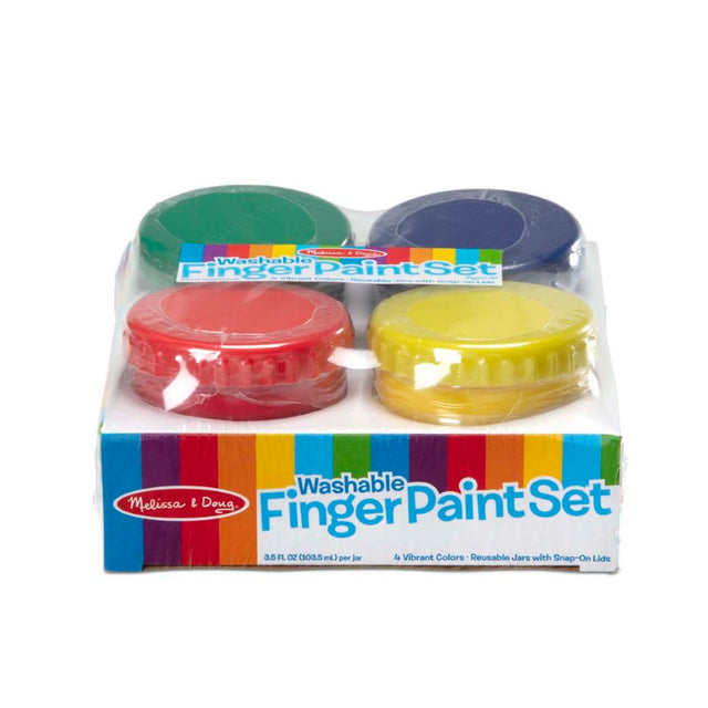 Vibrant Melissa & Doug finger paint set with 4 washable 3.5-ounce jars, perfect for creative play and enhancing motor skills.