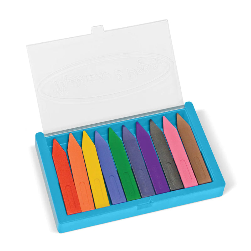 Brightly colored jumbo triangular crayons in a flip-top case, designed for young artists to promote grip and creativity.