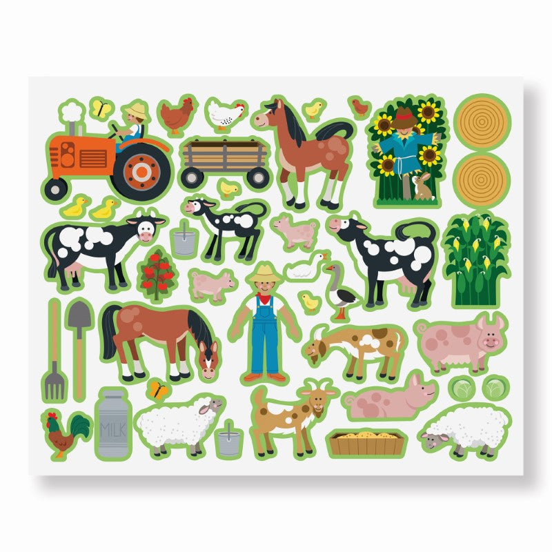 Colorful sticker pad featuring diverse habitats, allowing kids to create imaginative scenes with repositionable vinyl stickers.