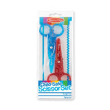 Child-safe scissor set featuring two pairs for kids, cutting paper in straight and zigzag lines without harming clothing or hair.