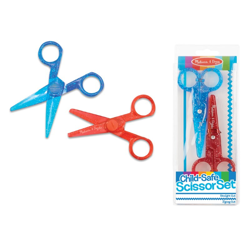 Child-safe scissor set by Melissa & Doug with two pairs for easy, safe cutting of paper in straight and zigzag lines.