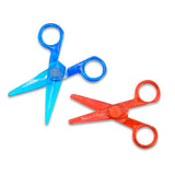 Child-safe scissor set with two pairs for kids, cutting paper safely in straight and zigzag lines, ideal for crafting.