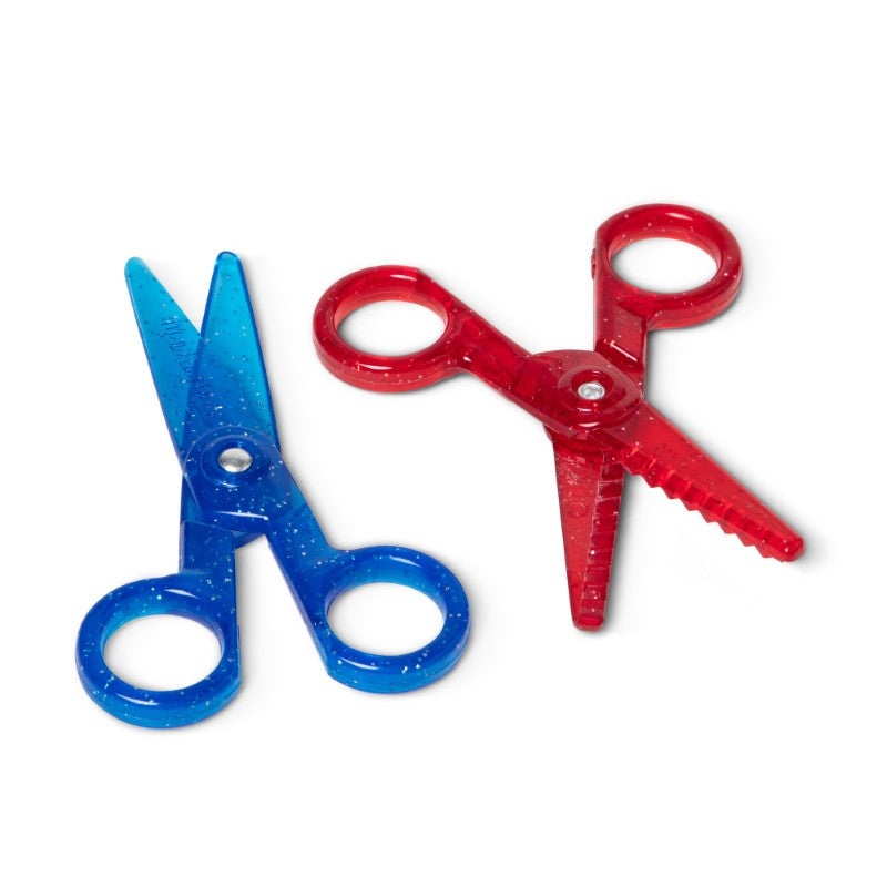 Child-safe scissor set with two pairs, ideal for kids to cut straight or zigzag lines without harming clothing or hair.