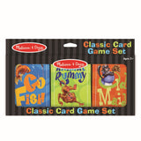 Melissa & Doug Classic Card Game Set featuring jumbo-sized decks of Old Maid, Go Fish, and Animal Rummy with colorful animal designs.