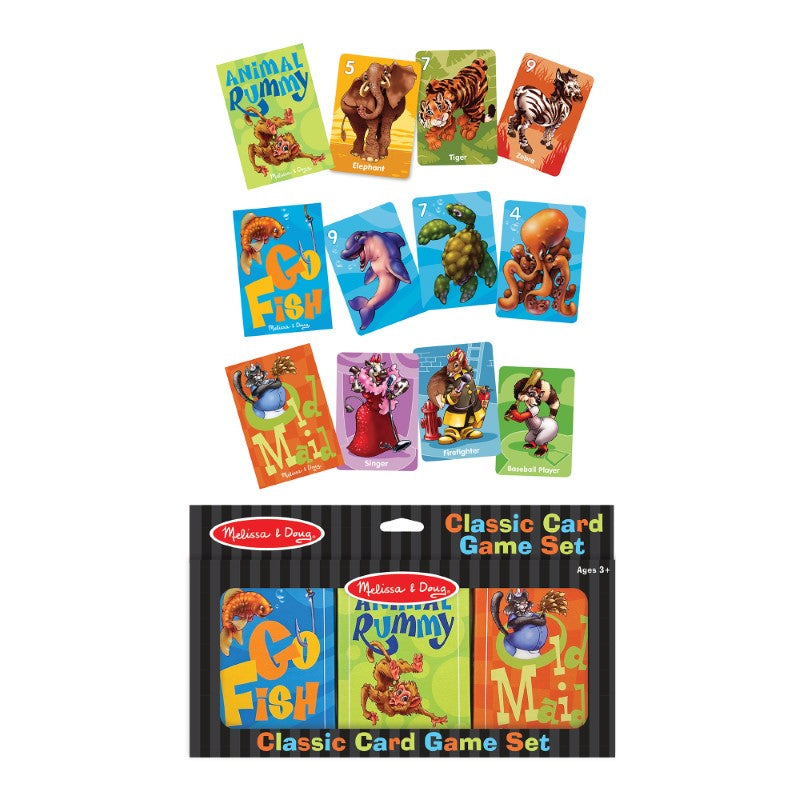 Classic Card Game Set featuring jumbo-sized decks of Old Maid, Go Fish, and Animal Rummy with colorful animal illustrations.