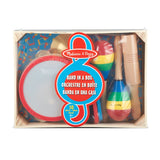 Colorful musical instrument set for preschoolers, featuring tambourine, cymbals, maracas, clacker, tone blocks, and triangle.