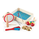 Colorful musical instrument set for preschoolers including tambourine, cymbals, maracas, clacker, tone blocks, and triangle.