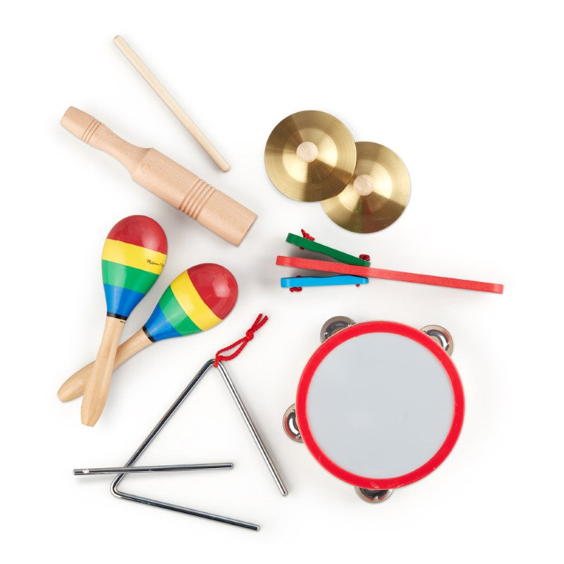 Colorful Band-in-a-Box musical set with tambourine, cymbals, maracas, and more, designed for preschool musical exploration.