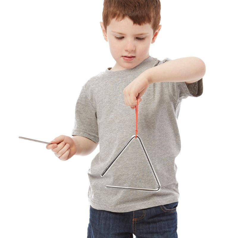 A colorful musical instrument set for preschoolers, including tambourine, cymbals, maracas, clacker, tone blocks, and triangle.