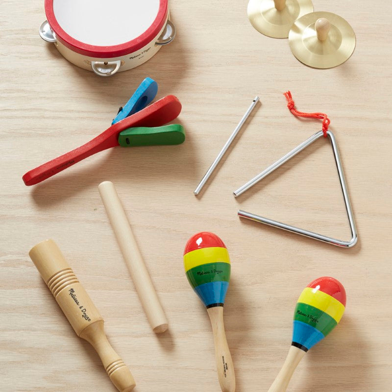 Colorful musical instrument set by Melissa & Doug, including tambourine, cymbals, maracas, clacker, tone blocks, and triangle.