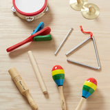 Colorful musical instrument set by Melissa & Doug, including tambourine, cymbals, maracas, clacker, tone blocks, and triangle.