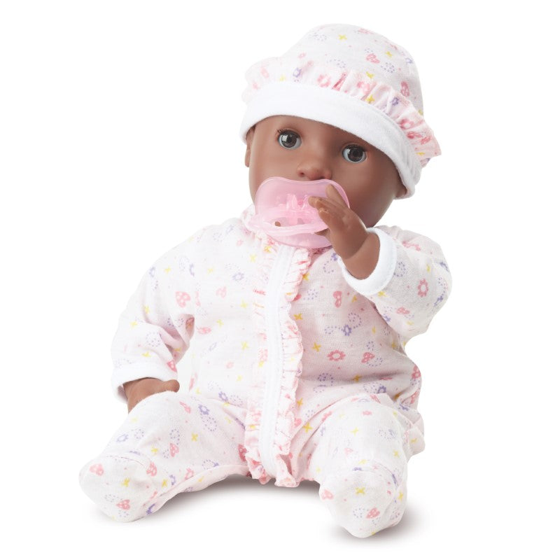 Cute 12-inch Gabrielle doll with dark skin, brown eyes, and removable floral outfit, perfect for nurturing play.