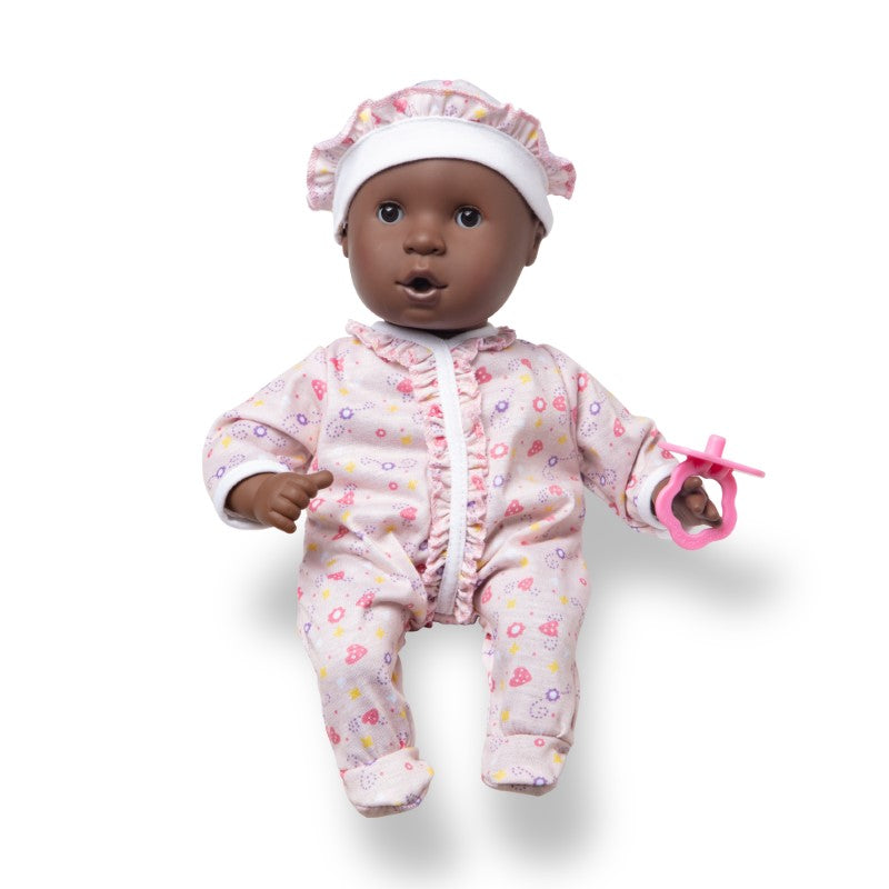 12-inch plush Gabrielle doll with dark skin, brown eyes, and removable outfit; encourages nurturing play for toddlers.