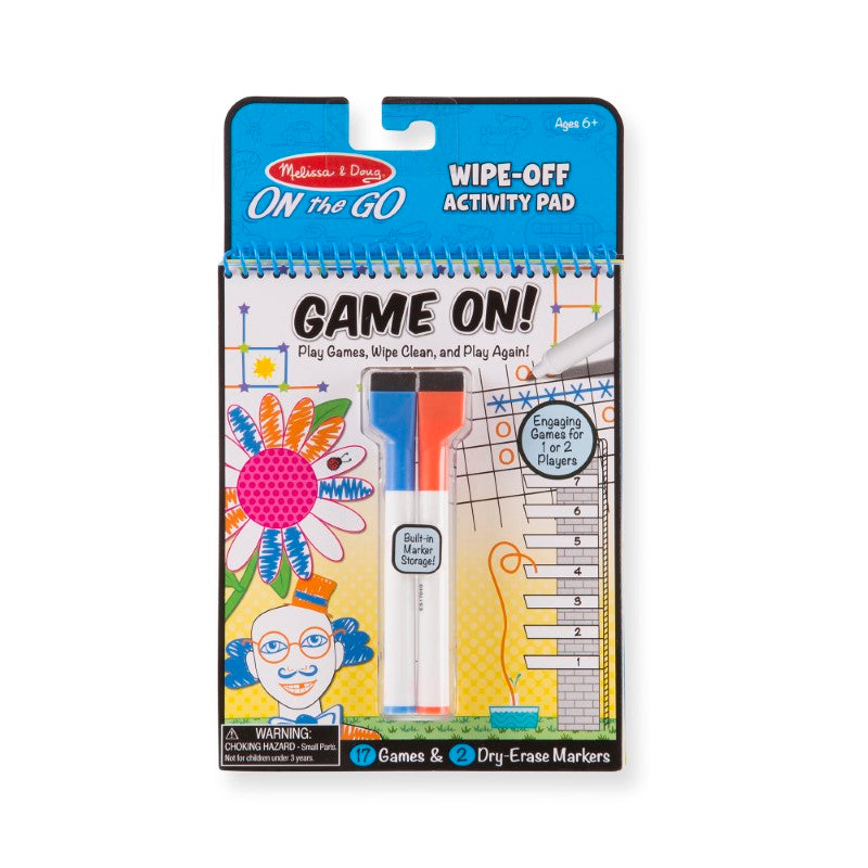 A reusable dry-erase game book with 17 fun activities for kids, including hangman and I-spy, perfect for travel and learning.