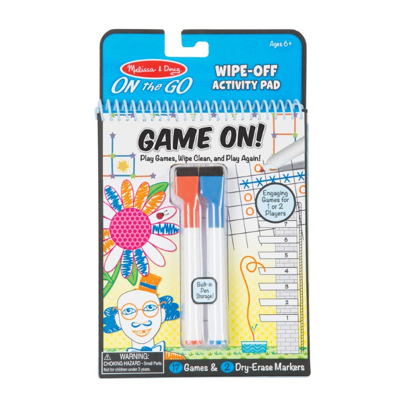 Melissa & Doug Write On Reusable Games book featuring 17 games for kids, includes dry-erase markers, perfect for travel.