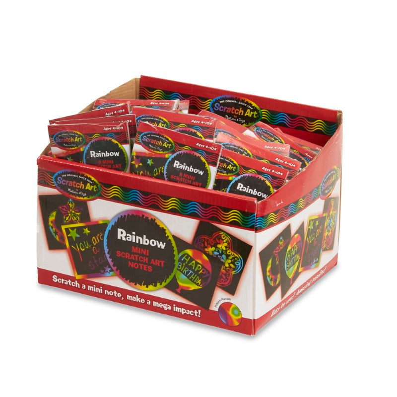 Colorful mini scratch art notes in a display box, perfect for kids' creativity with 100 packs of 8 notes and a wooden stylus.