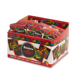 Colorful mini scratch art notes in a display box, perfect for kids' creativity with 100 packs of 8 notes and a wooden stylus.