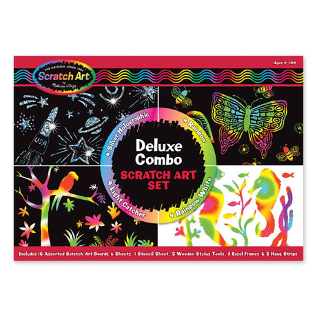 Deluxe Scratch Art Set by Melissa & Doug with tools for 16 artworks, promoting creativity and fine motor skills for kids.