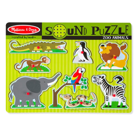 Zoo Animals Sound Puzzle featuring colorful pieces that activate animal sounds when correctly matched on the board.