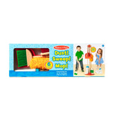 Colorful six-piece cleaning play set for kids, including broom, mop, duster, and dustpan with natural-wood handles.